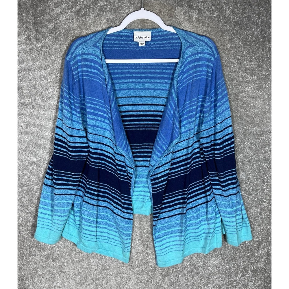 Breckenridge Open Front Cardigan Womens Size Large Blue Turquoise Striped‎ Knit